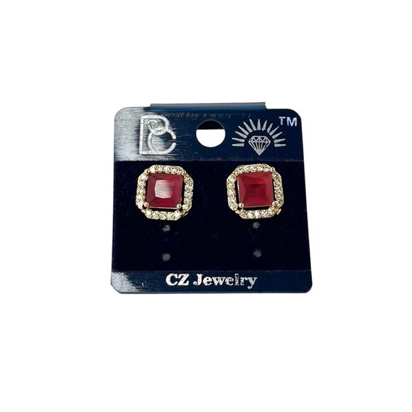 Elegant Ruby Red & Diamond-Look Halo Stud Earrings Gold-Tone Classic Fashion - Picture 3 of 6